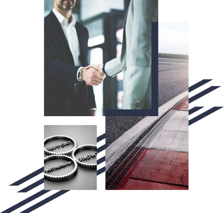 An image of two men in suits shaking hands with another image of metal cogs with Support, Growth and Partnership inside them. A third image shows tyre marks on a race track.
